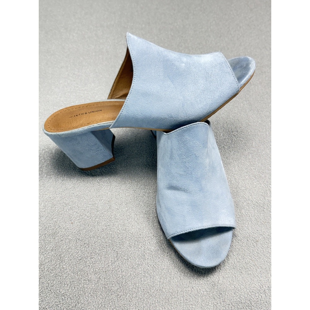 14th and Union Heeled Mules Open Toe Faux Suede Blue Womens Size 8 Block Heel